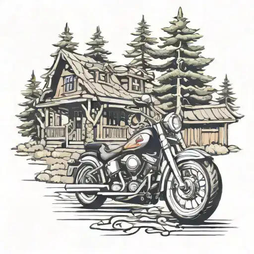 house pine trees Harley davidson motorcycle tattoo design idea