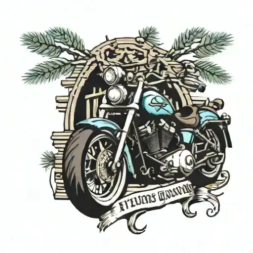 house pine tree Harley davidson motorcycle tattoo design idea