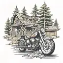 house pine trees Harley davidson motorcycle tattoo design idea