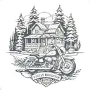 house pine trees Harley davidson motorcycle tattoo design idea