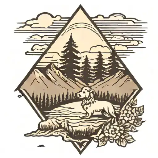 Sunset,mountain,trees,dog tattoo design idea