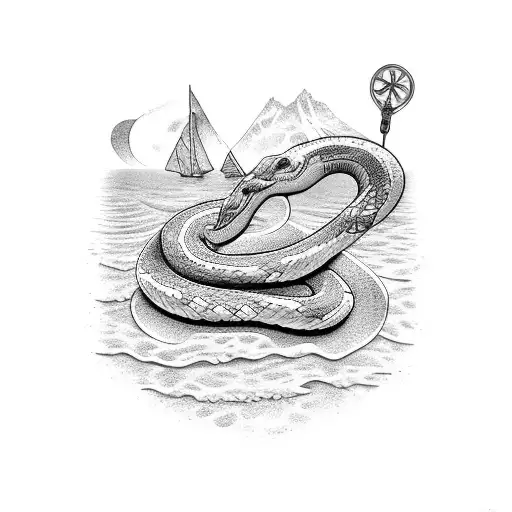 A dotwork tattoo of a snake wrapped around a set of tools, with a beach landscape in the background tattoo design idea