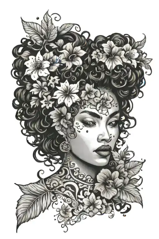 curly hair woman with hibiscus flowers in her hair with water in the background  tattoo design idea