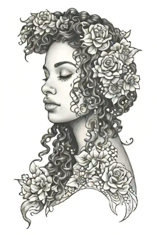 curly hair woman with flowers in her hair with water surrounding puerto rican tattoo design idea