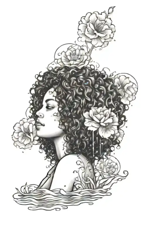 curly haired woman sitting with flowers in her hair and water and sky in the background  tattoo design idea