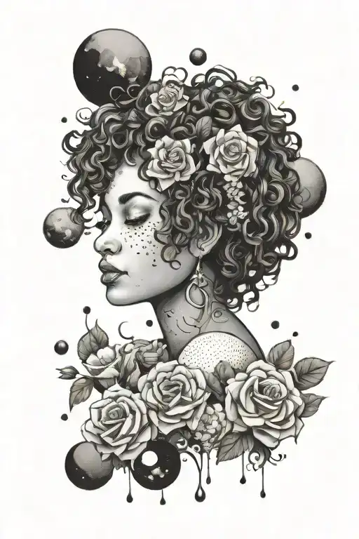 curly hair woman with flowers in her hair with water surrounding and planets  tattoo design idea