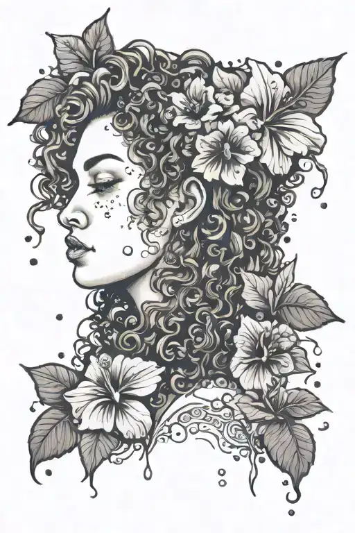 curly hair woman with hibiscus flowers in her hair with water surrounding tattoo design idea