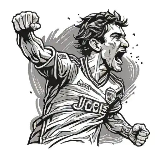 Design a portrait of a passionate Boca Juniors fan celebrating a victory in a stylized black-grey style tattoo design idea