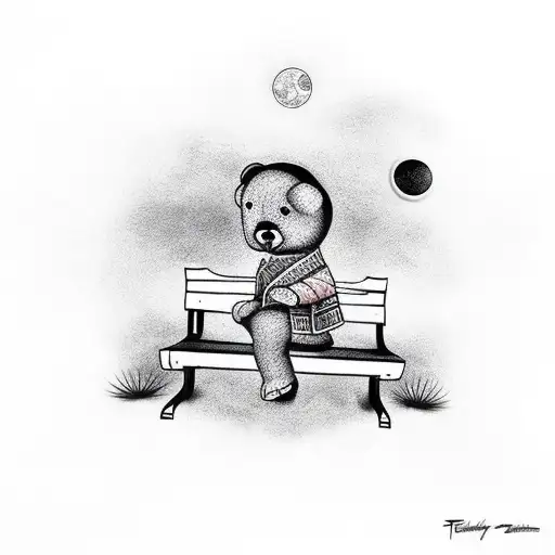 Teddy sitting alone on a Bench watching the moon  tattoo design idea