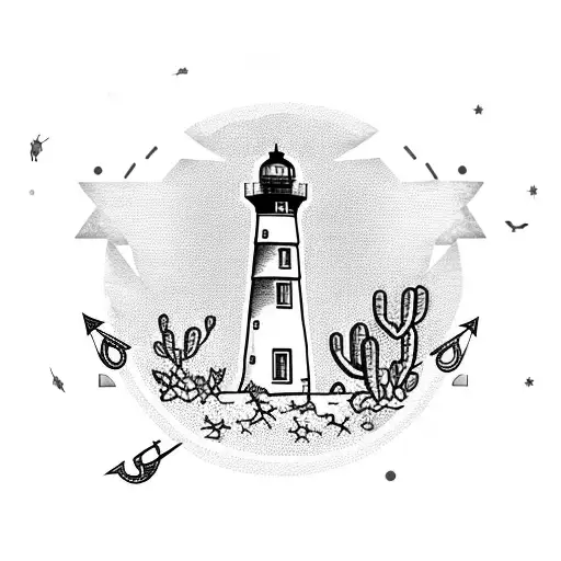 red and white lighthouse with a cactus, a compass, an anchor, a bird, a guitar, music notes and stars tattoo design idea