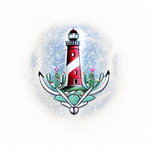 red and white lighthouse with a cactus, a compass, an anchor, a bird, a guitar, music notes, and stars tattoo design idea