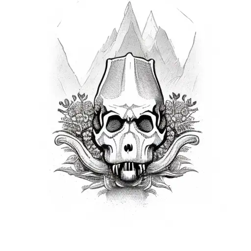 Dinosaurs skull and prehastoric flora arm sleeve with an allosaurace skull as the crown of the sleeve tattoo design idea