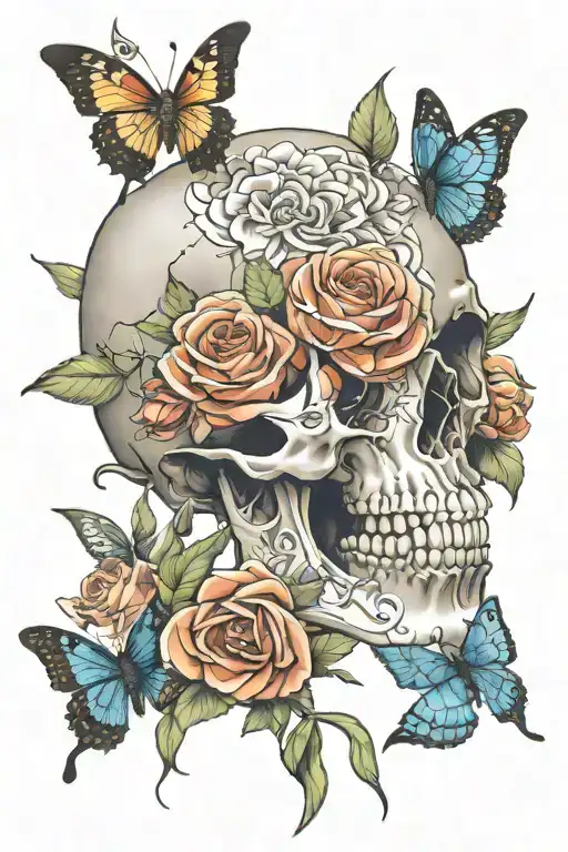skeleton hands gripping a skull with an open mouth and have roses and ither flowers and butterflies incorperated into it tattoo design idea