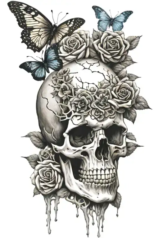 skeleton hands gripping a skull with roses and thorns and butterflies incoreperated, skull mouth open. tattoo design idea
