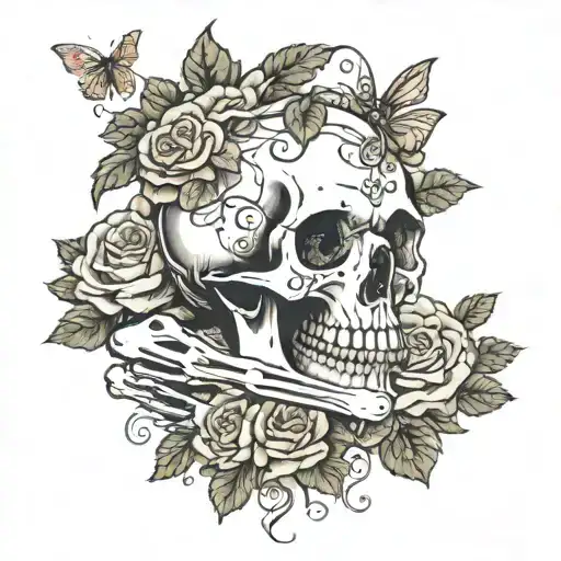 skeleton hands gripping a skull with an open mouth and have roses and ither flowers and butterflies incorperated into it tattoo design idea
