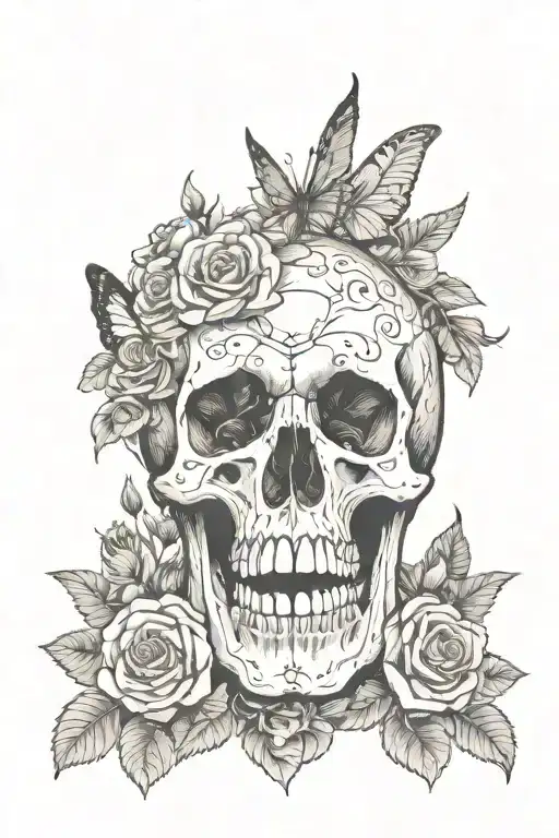 skeleton hands gripping a skull with an open mouth and have roses and ither flowers and butterflies incorperated into it tattoo design idea
