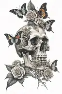 skeleton hands gripping a skull with an open mouth and have roses and ither flowers and butterflies incorperated into it tattoo design idea