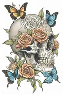skeleton hands gripping a skull with an open mouth and have roses and ither flowers and butterflies incorperated into it tattoo design idea