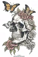 skeleton hands gripping a skull with an open mouth and have roses and ither flowers and butterflies incorperated into it tattoo design idea