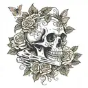 skeleton hands gripping a skull with an open mouth and have roses and ither flowers and butterflies incorperated into it tattoo design idea