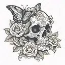 skeleton hands gripping a skull with an open mouth and have roses and ither flowers and butterflies incorperated into it tattoo design idea