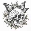 skeleton hands gripping a skull with an open mouth and have roses and ither flowers and butterflies incorperated into it tattoo design idea