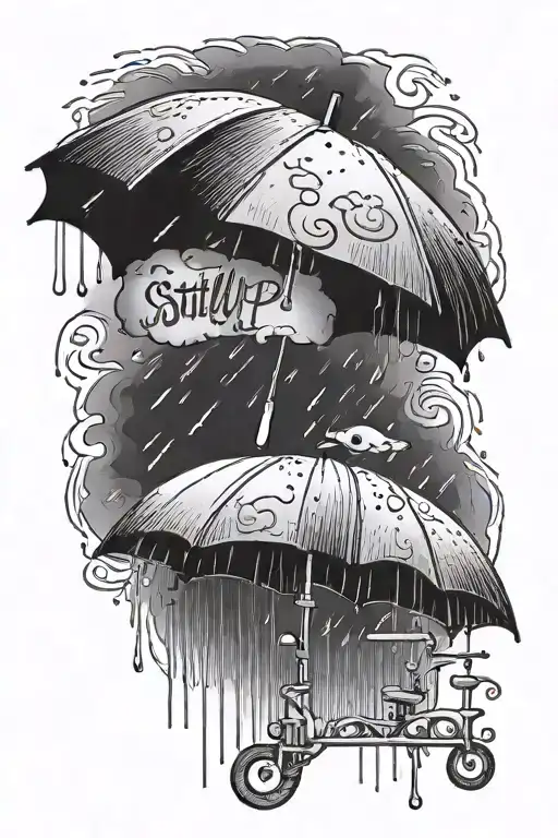 A realistic neck tattoo with a slanted umbrella under a rainstorm with words that say "Still Sleep?"  tattoo design idea