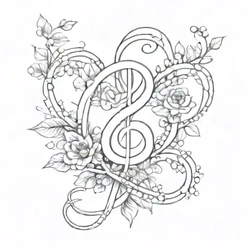 A bouquet of flowers forming an infinity symbol with musical notes tattoo design idea