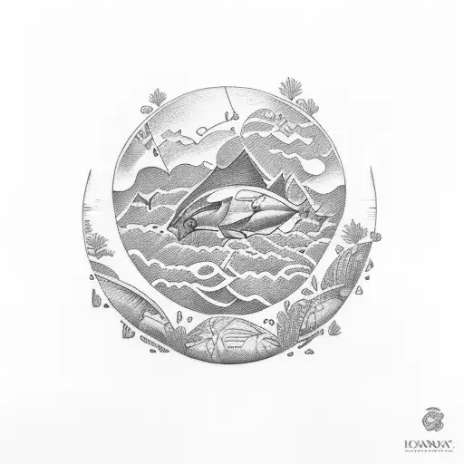 island and tuna tattoo design idea