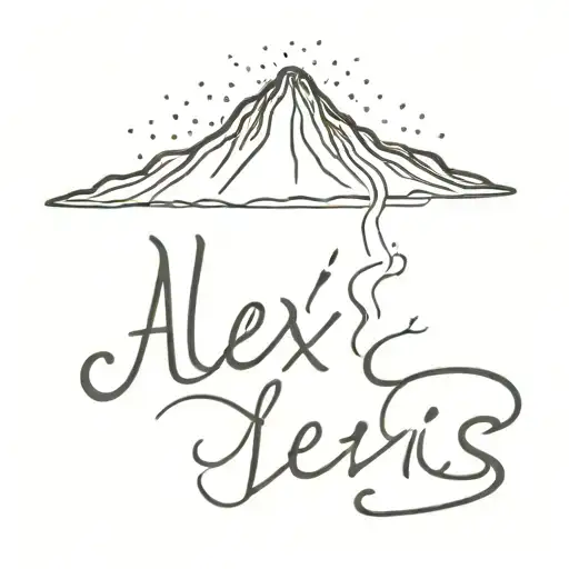 The name Alexis with a tiny volcano flowing lava tattoo design idea