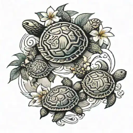 Colorful Hawaiian tattoo of turtles with family tribal designs on shell.  Background surrounded by plumeria and Hawaiian tattoo design idea