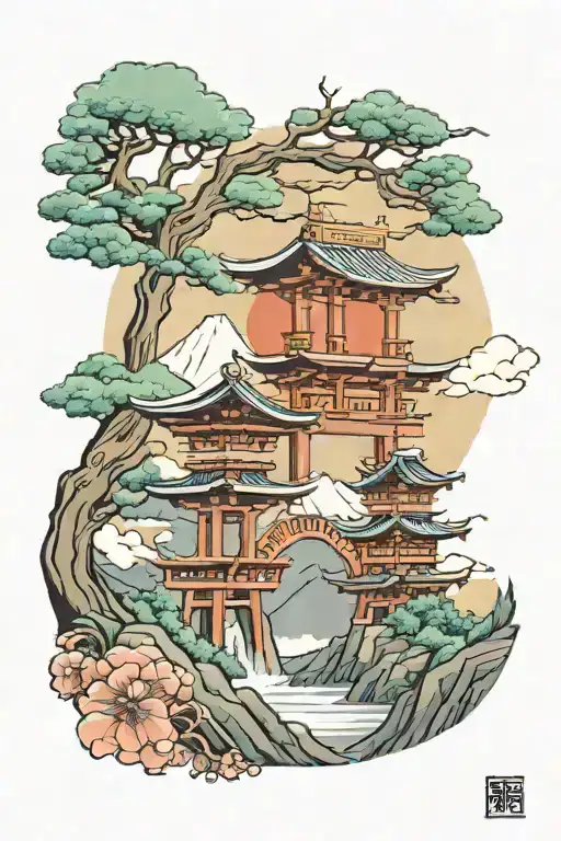 Tori gate with mount fuji background and pine trees tattoo design idea