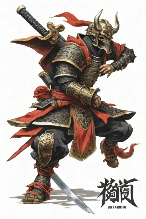 Samurai wearing red and black armour with a skull face tattoo design idea
