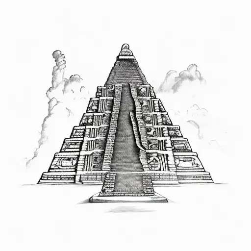 the Mayan god sits on a pyramid, the walls are covered with ancient writings tattoo design idea
