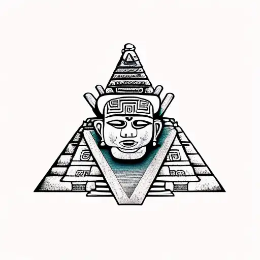 the Mayan god sits on a pyramid, the walls are covered with ancient writings tattoo design idea