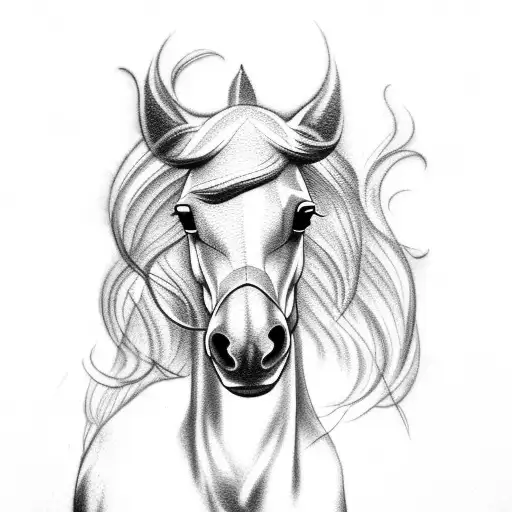 A dotwork tattoo of a horse with baby feet forming its mane tattoo design idea