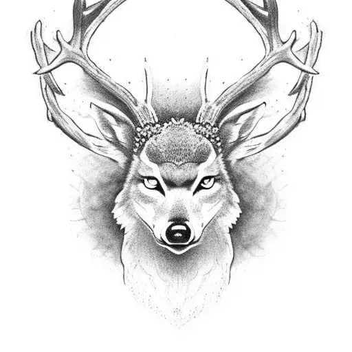 cute deer wearing wolf hide on it's head, face/head only tattoo design idea