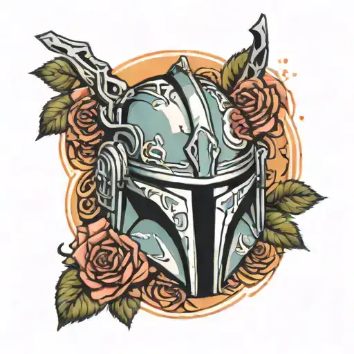 mandalorian helmet surrounded by roses tattoo design idea