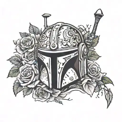 mandalorian helmet surrounded by roses tattoo design idea