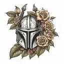 mandalorian helmet surrounded by roses tattoo design idea
