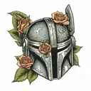 mandalorian helmet surrounded by roses tattoo design idea