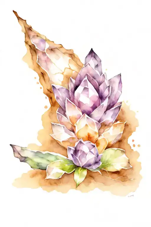 purple amethyst crystal on the lower spine breaking open the 7 chakras up and down my spine in water color and paint tattoo design idea
