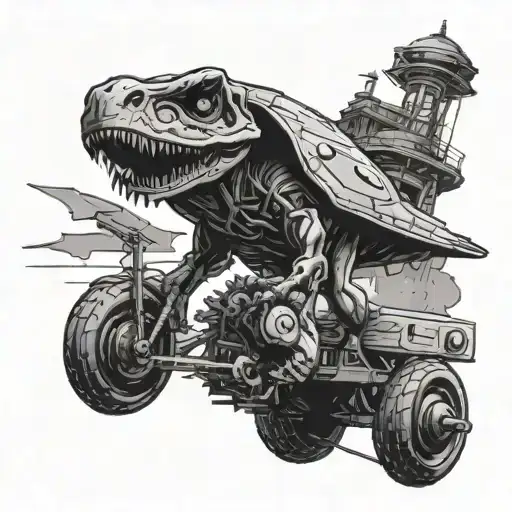 A cyberpunk alien flying saucer is abducted by a tyrannosaurus rex beam tattoo design idea