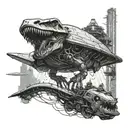 A cyberpunk alien flying saucer is abducted by a tyrannosaurus rex beam tattoo design idea