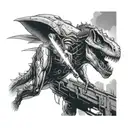 A cyberpunk alien flying saucer is abducted by a tyrannosaurus rex beam tattoo design idea