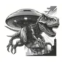 A cyberpunk alien flying saucer is abducted by a tyrannosaurus rex beam tattoo design idea