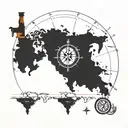 A world map with a compass rose, incorporating elements of Pura Vida lifestyle and a bottle of rum tattoo design idea