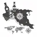 A world map with a compass rose, incorporating elements of Pura Vida lifestyle and a bottle of rum tattoo design idea