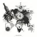 A world map with a compass rose, incorporating elements of Pura Vida lifestyle and a bottle of rum tattoo design idea