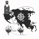 A world map with a compass rose, incorporating elements of Pura Vida lifestyle and a bottle of rum tattoo design idea